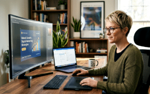 Woman using dual monitors for digital marketing strategies at home office