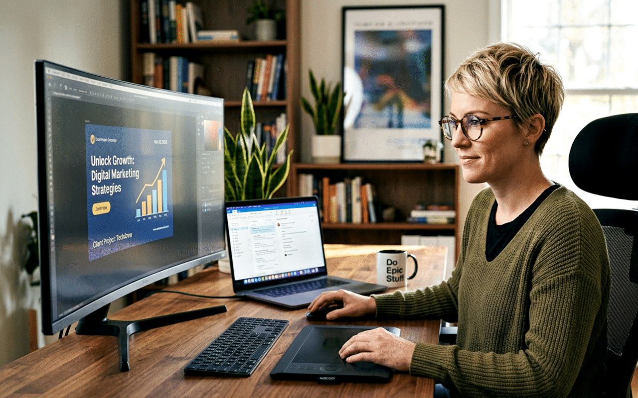 Woman using dual monitors for digital marketing strategies at home office