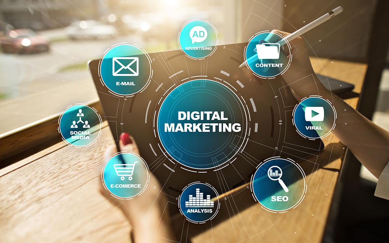 Digital marketing strategy concept with tablet and icons for content and SEO
