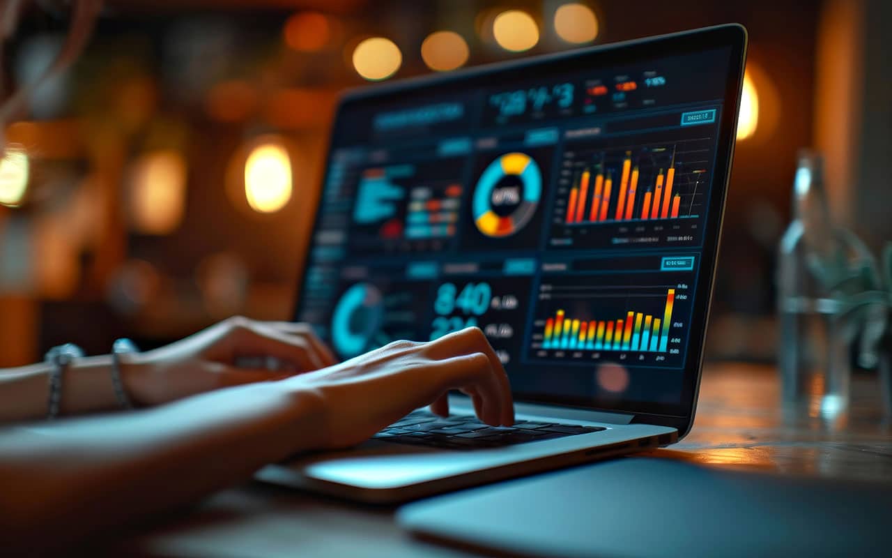 Person analyzing data on a laptop with colourful graphs