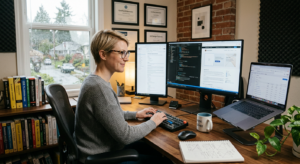 Web developer working at dual monitors in a home office setup