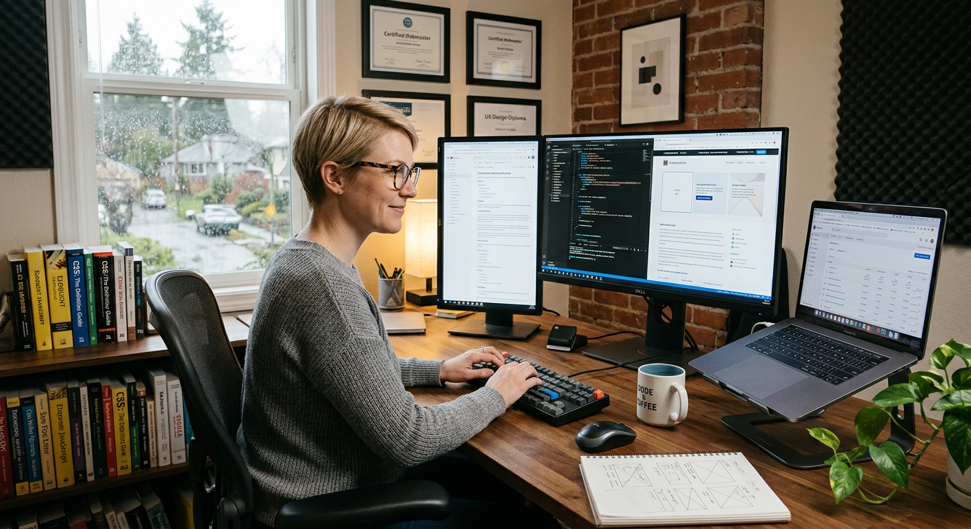 Web developer working at dual monitors in a home office setup