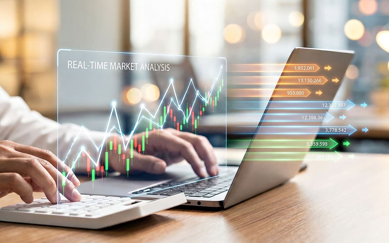 Real-time market analysis graph displayed on a laptop screen