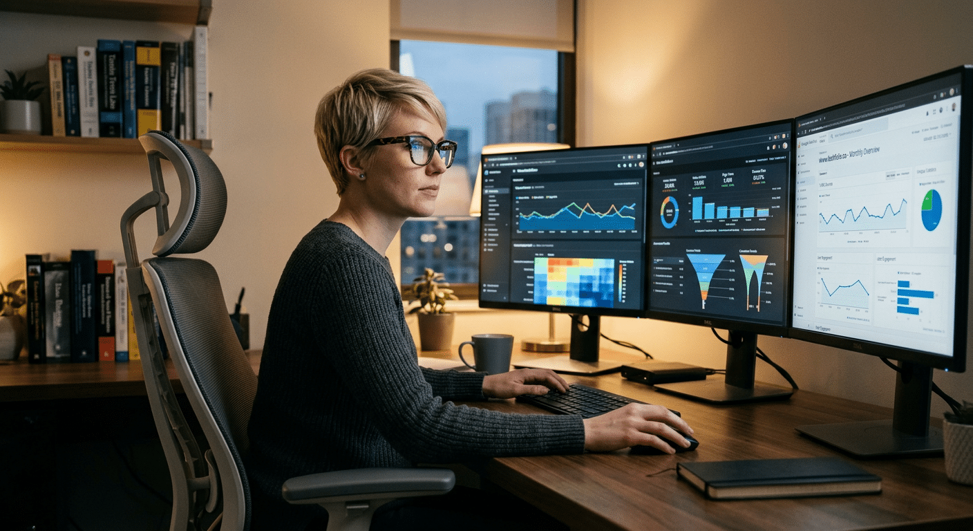 Professional analyzing data on dual monitors in modern office setting