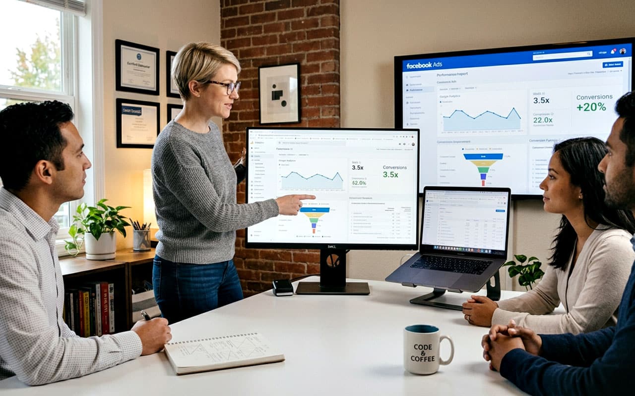 Marketing team discusses Facebook Ads campaign results in an office meeting