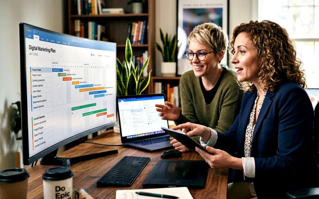 Two professionals discussing a digital marketing plan with charts and laptops in an office
