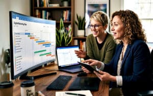 Two professionals discussing a digital marketing plan with charts and laptops in an office