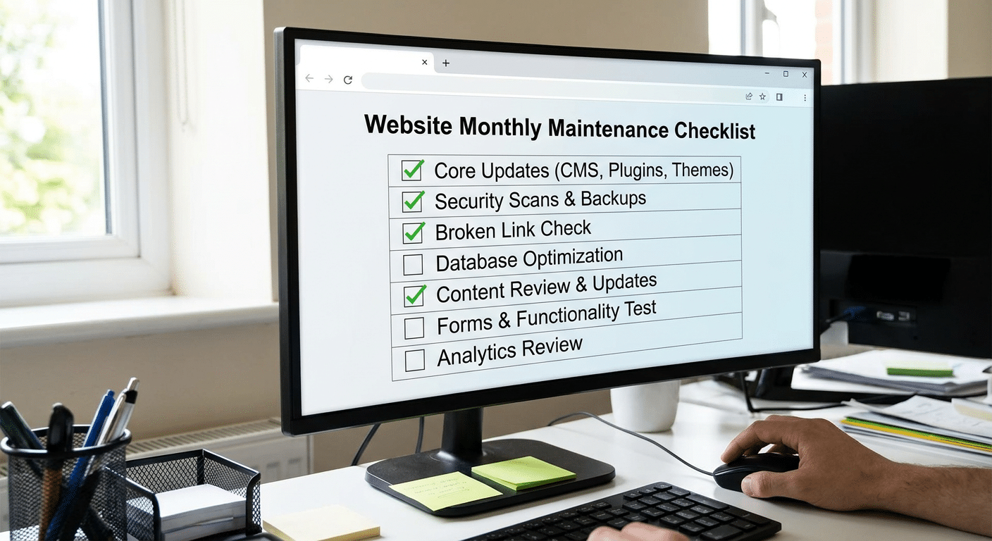 Website monthly maintenance checklist on computer screen