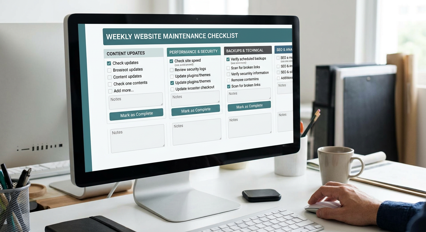 Weekly website maintenance checklist on a desktop screen