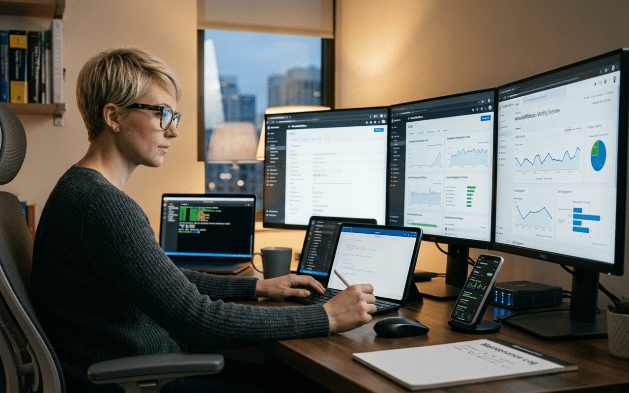 Data analyst working with analytics tools on multiple screens