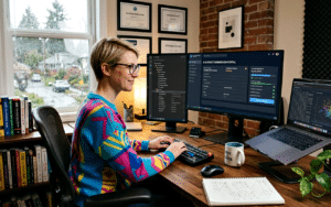 Tech professional uses dual monitors for coding in home office setup
