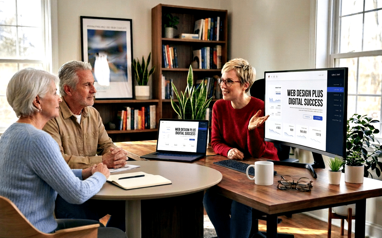 Web design meeting with three people discussing digital success strategies
