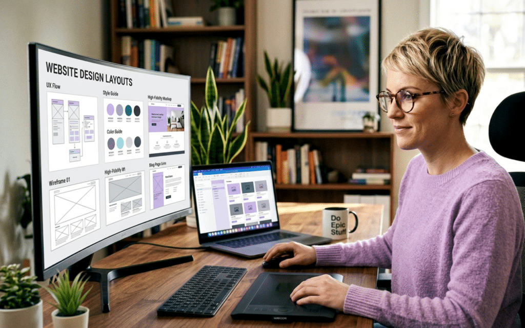 Woman working on website design layouts in a home office