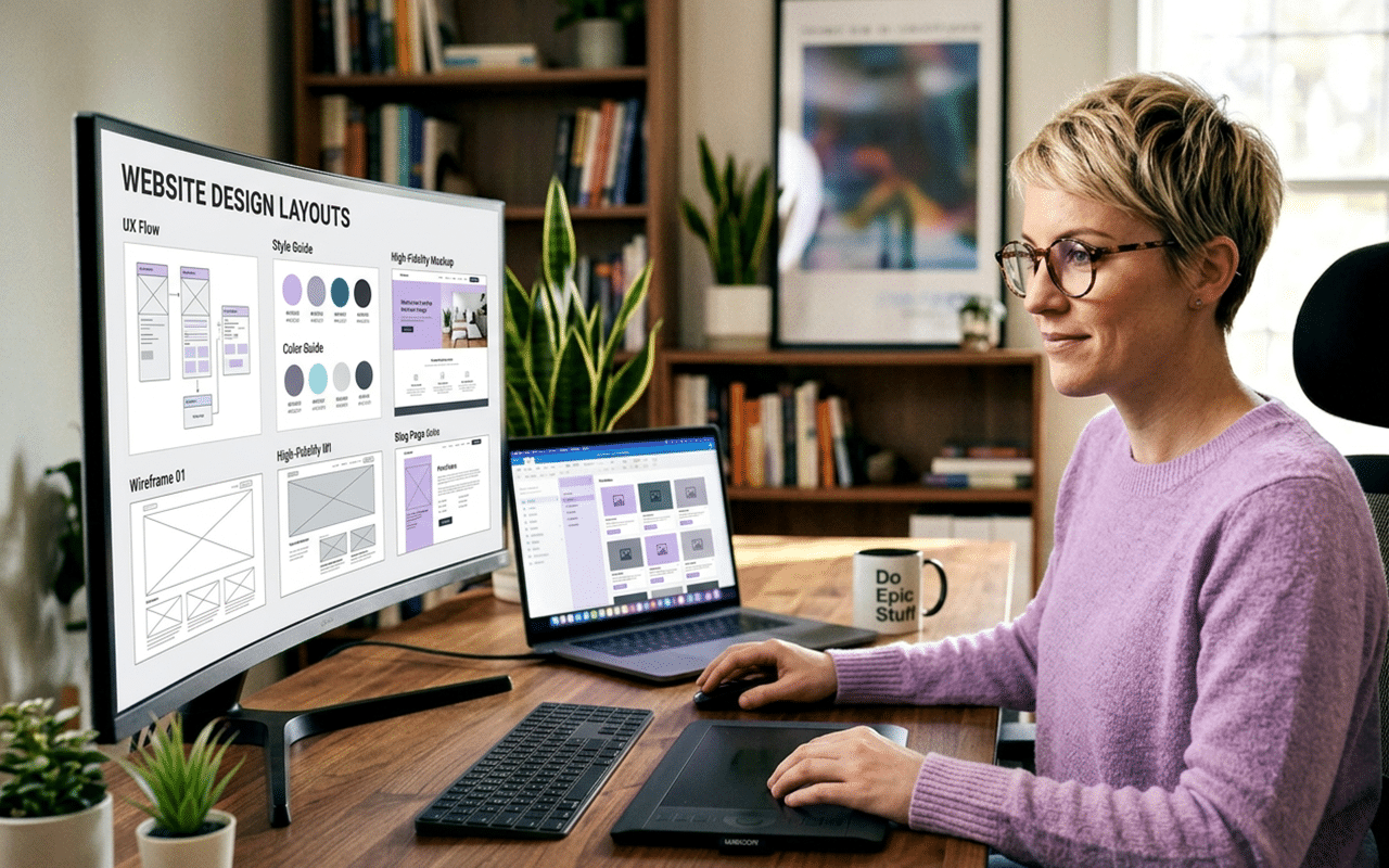 Woman working on website design layouts in a home office