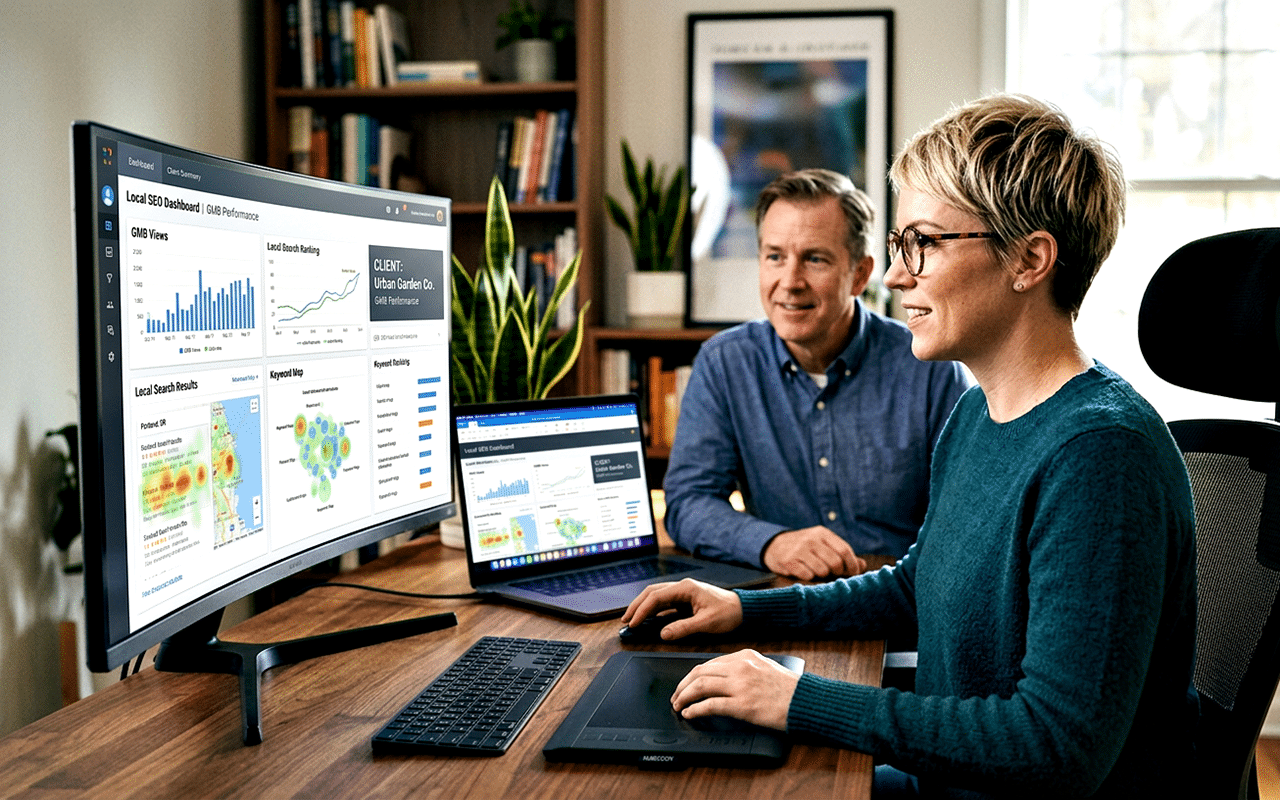 Two professionals analyzing data on curved monitor in modern office