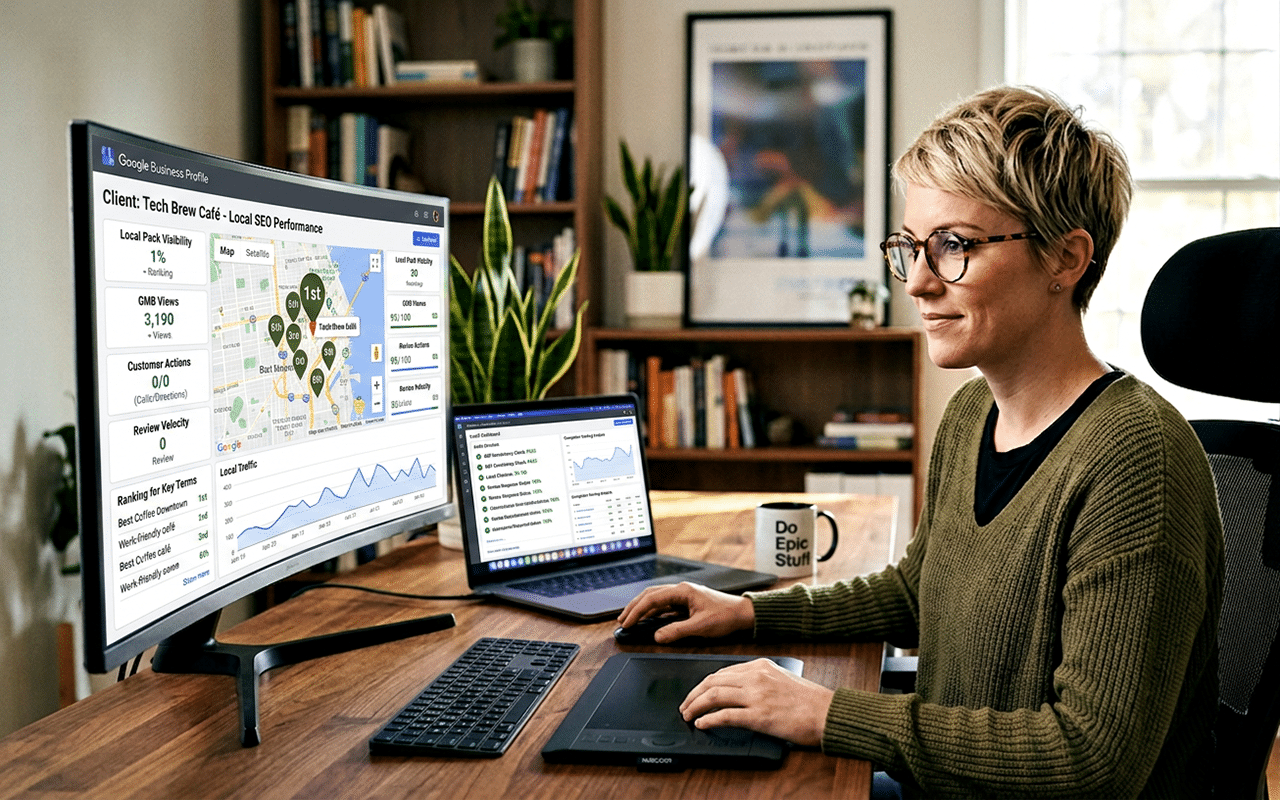 SEO analyst optimizing local business listings on a computer setup