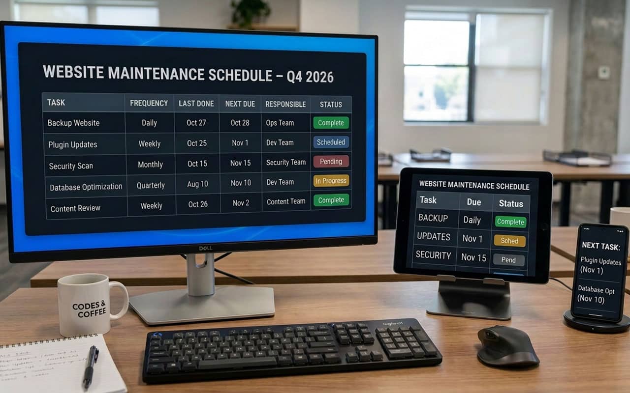 Website maintenance schedule for Q4 2026 displayed on office monitors