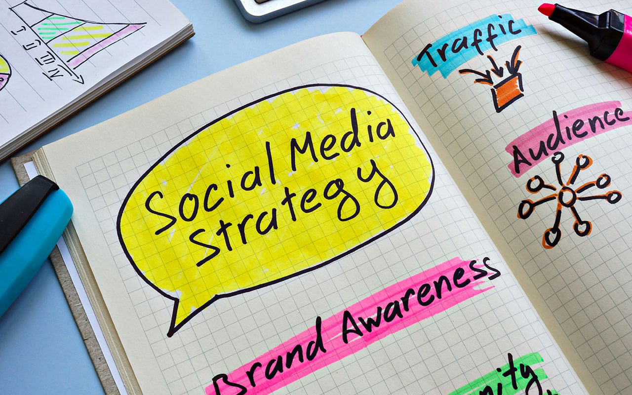 Social media strategy planning in a notebook with colourful sketches