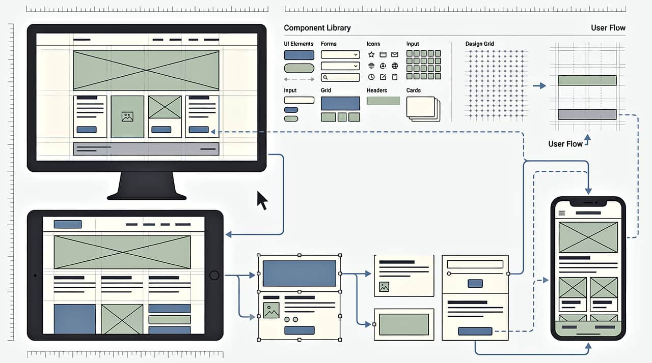 Responsive web design showing layout on desktop, tablet, and mobile with component library