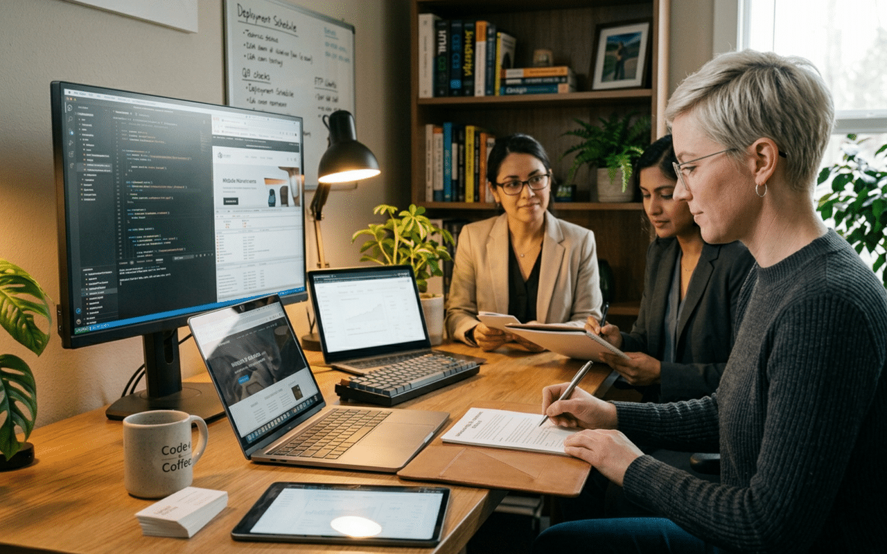 Professionals collaborating in a modern office with laptops and coding screens