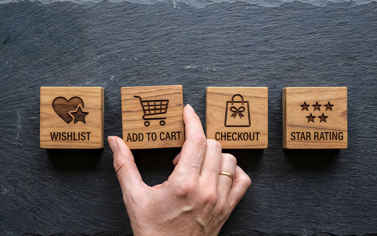 Wooden e-commerce icons including wishlist, add to cart, checkout, star rating