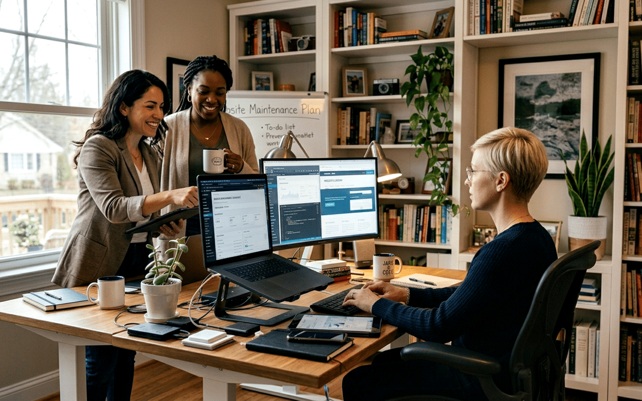 Three professionals collaborating in a modern home office on website maintenance