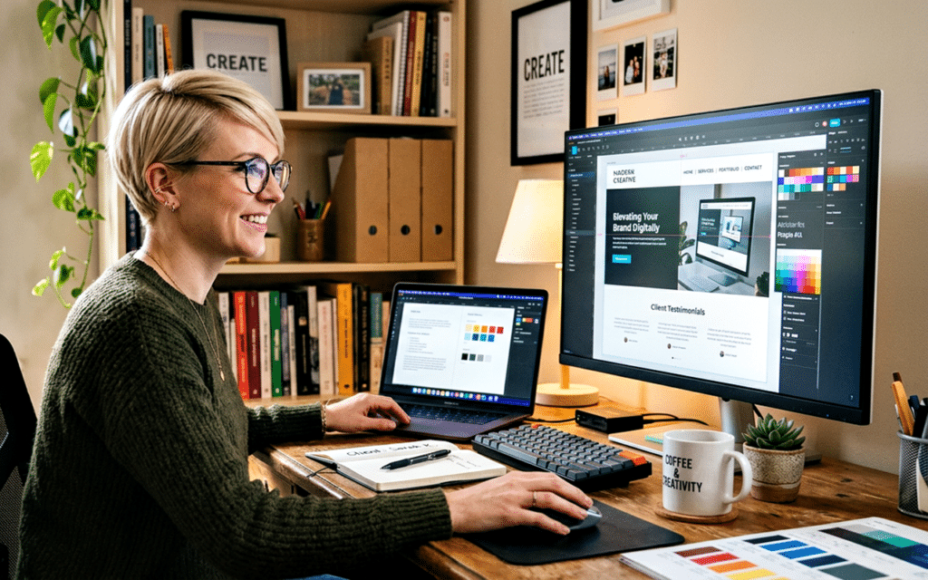 Designer creating a digital branding presentation on a desktop computer