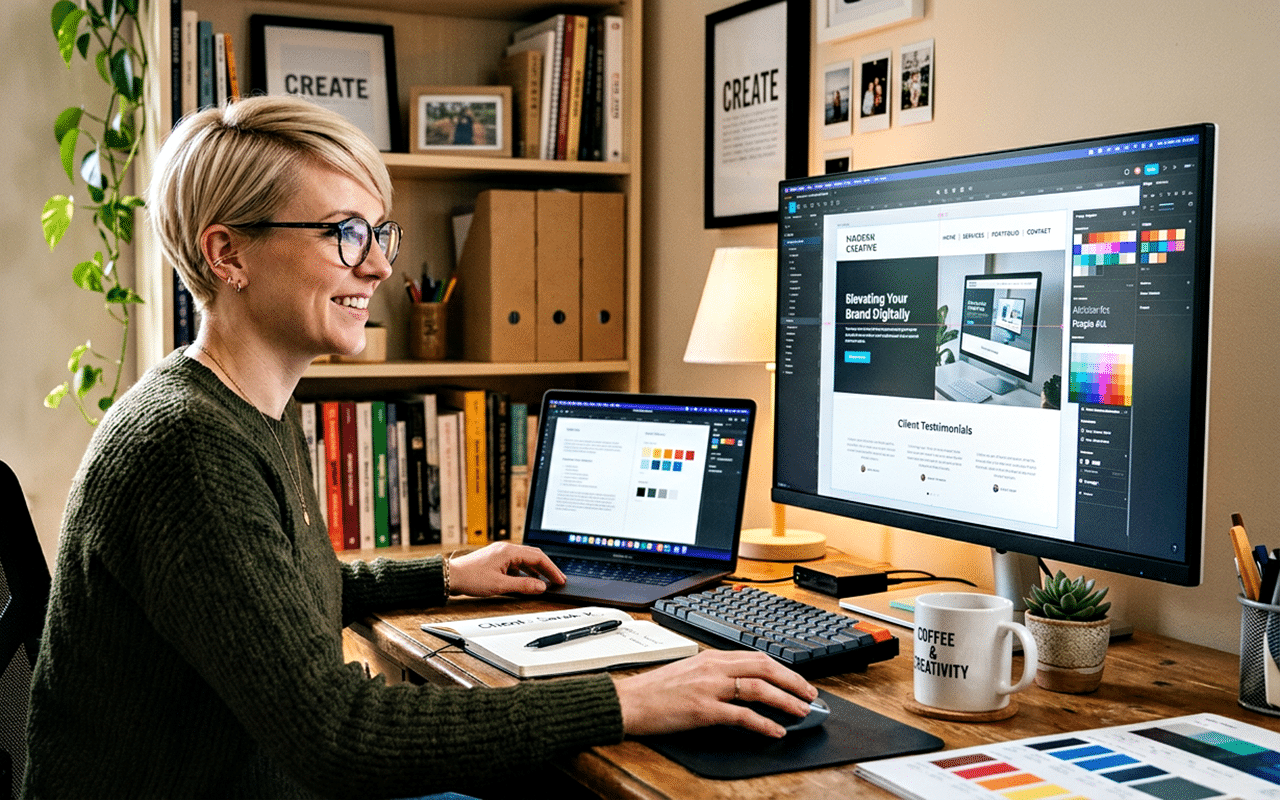 Designer creating a digital branding presentation on a desktop computer