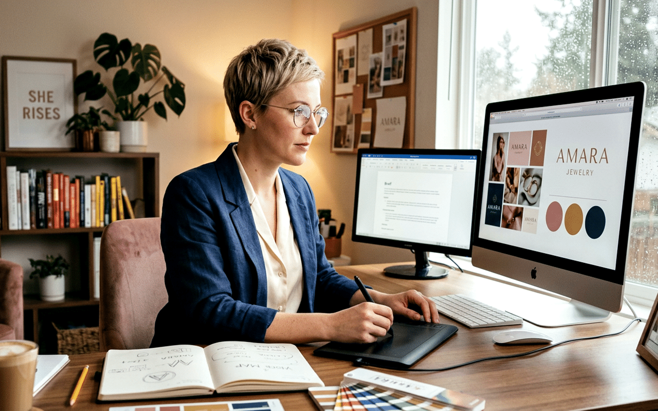 Graphic designer working on jewellery brand visuals in office