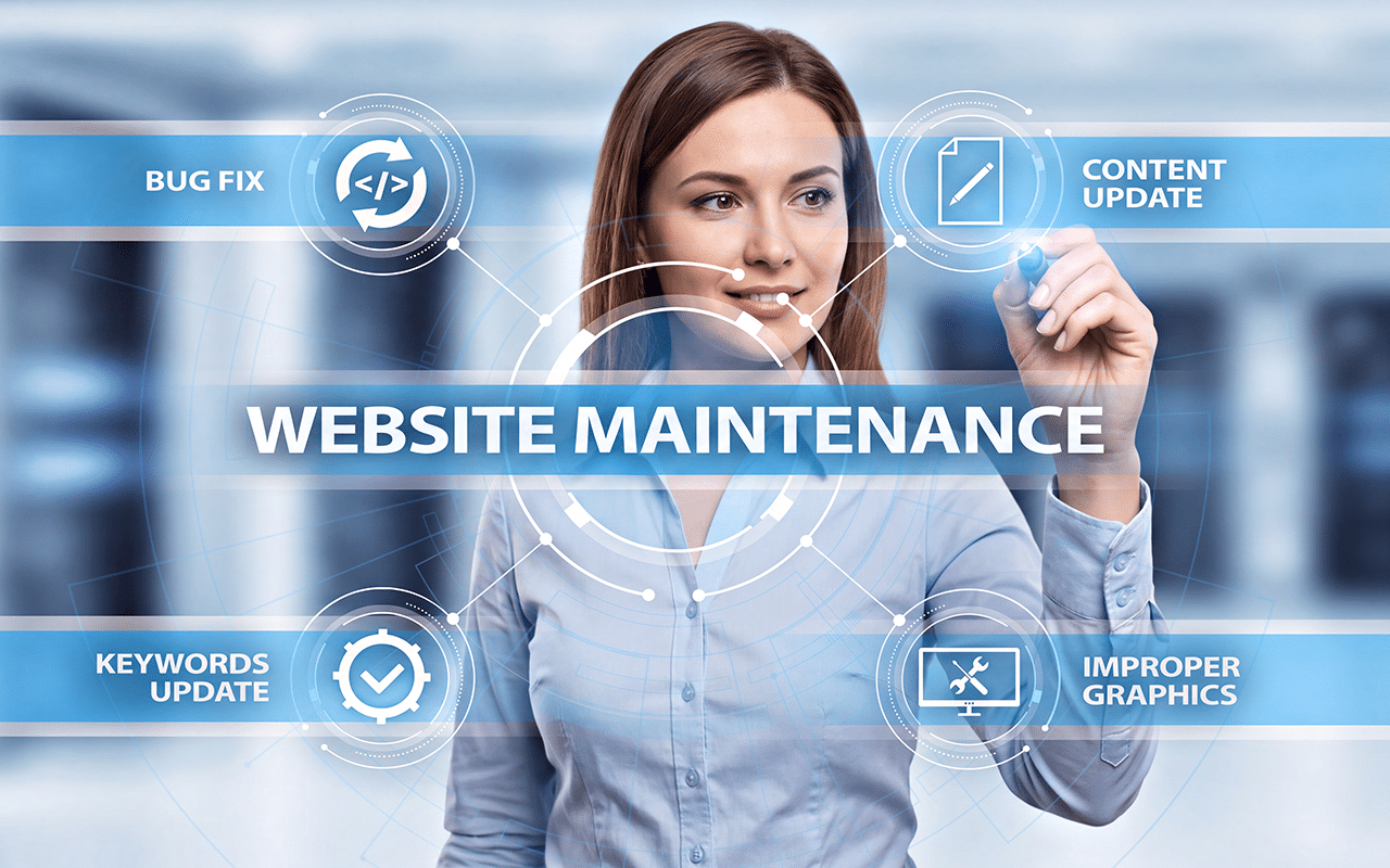 Woman coordinating website maintenance tasks like bug fix, content update, and SEO keywords update