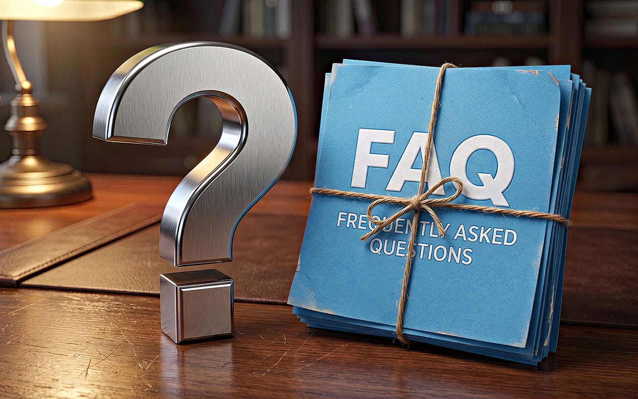 FAQ documents tied with rope beside a large question mark