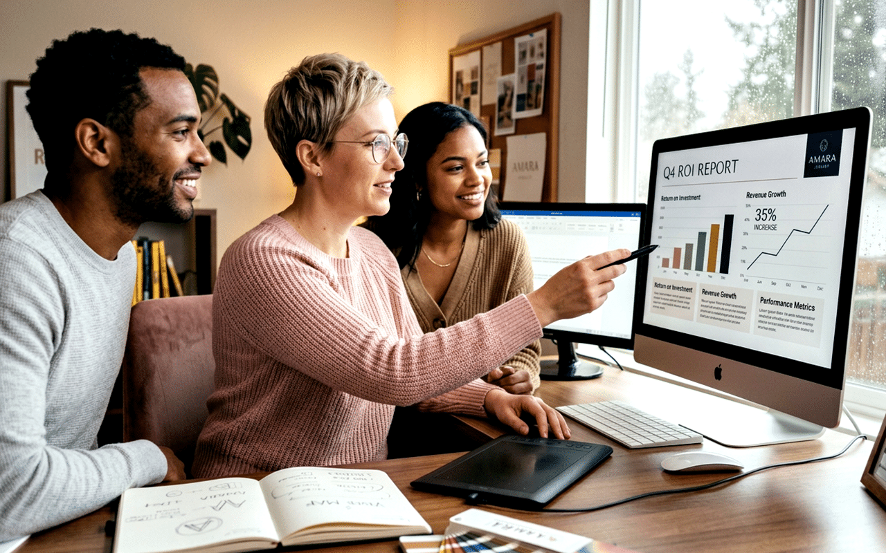 Team reviewing Q4 ROI report on computer monitor