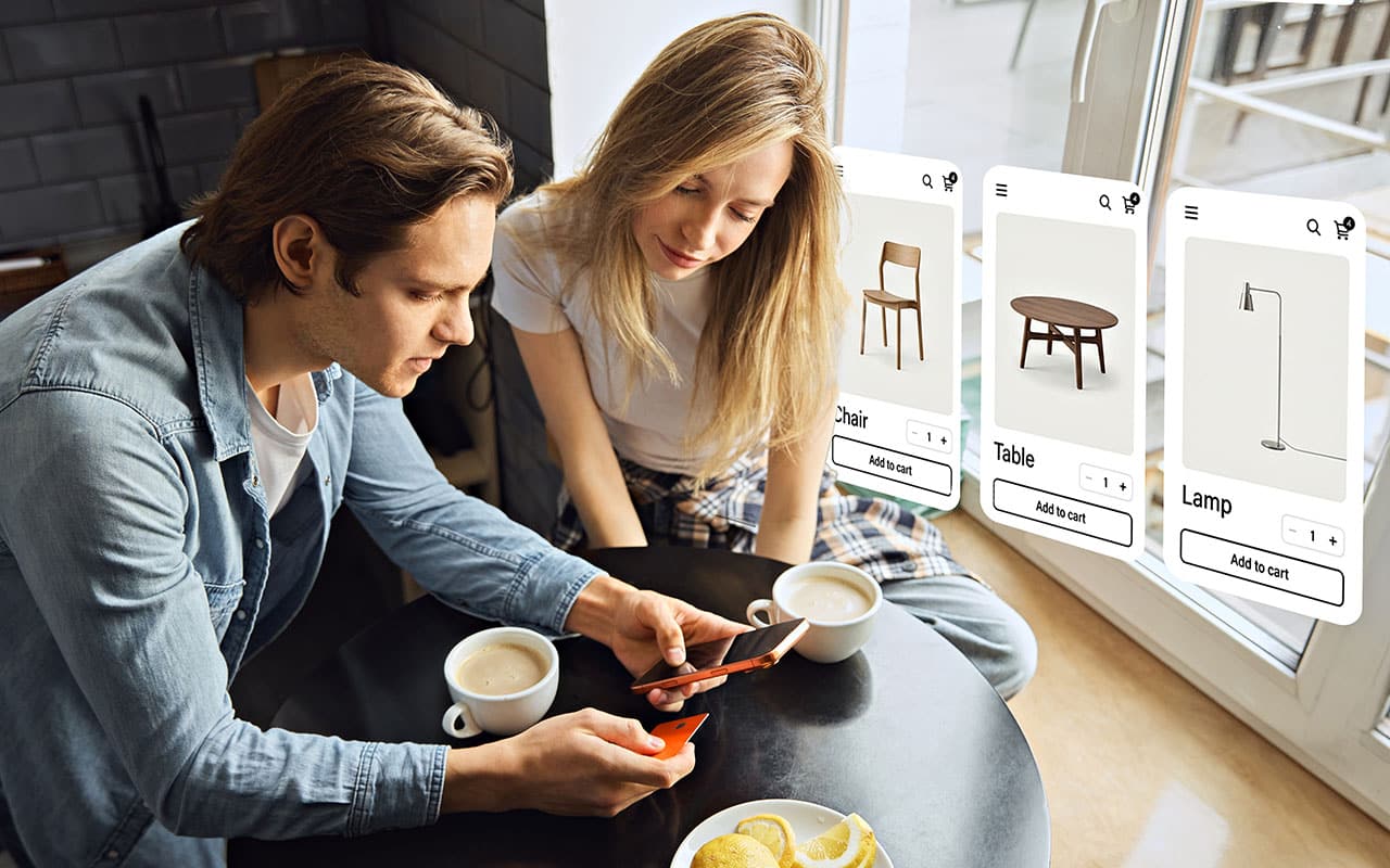 Couple using augmented reality app for furniture shopping at home