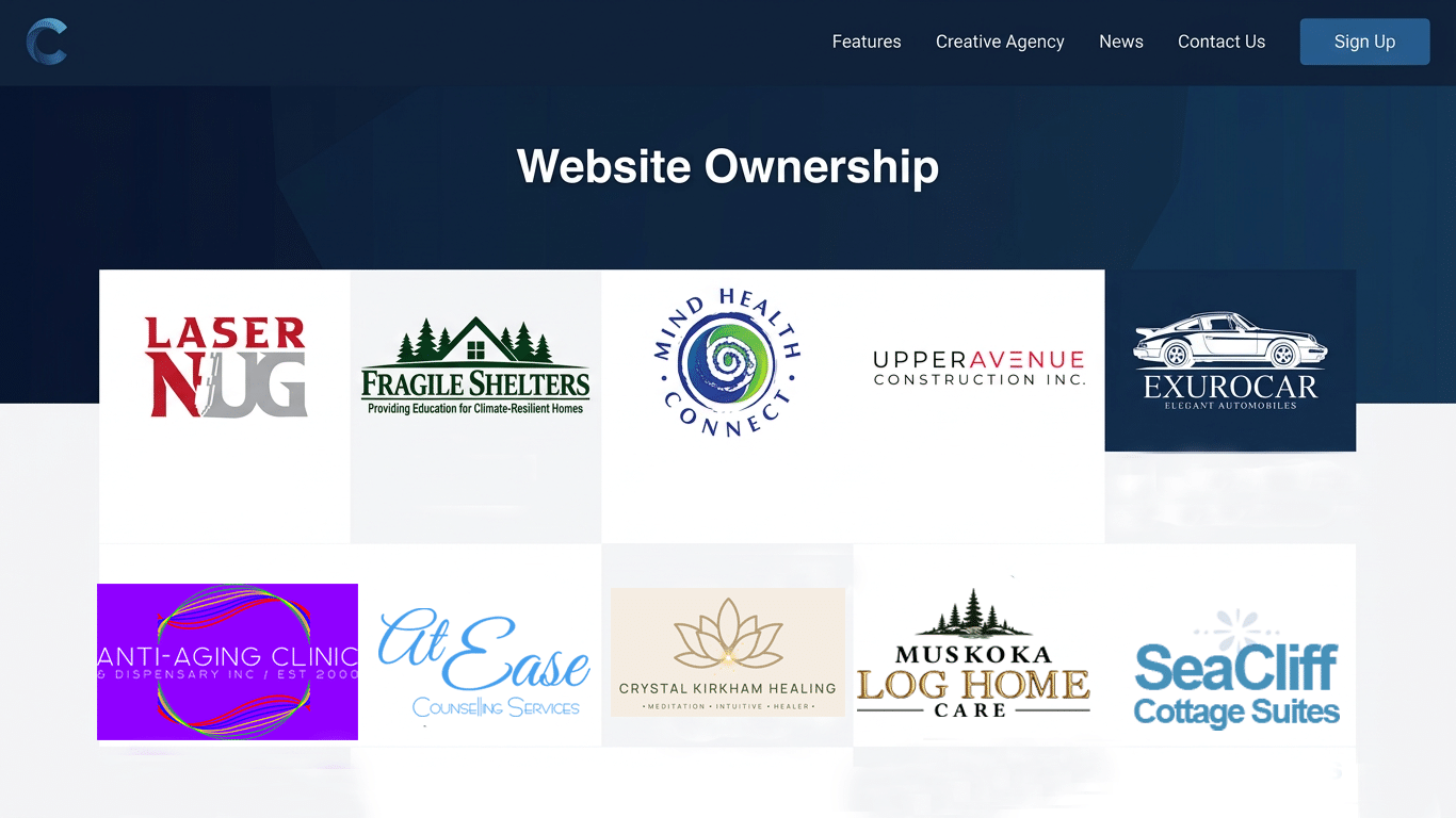 Website showcasing ownership of various businesses with unique logos